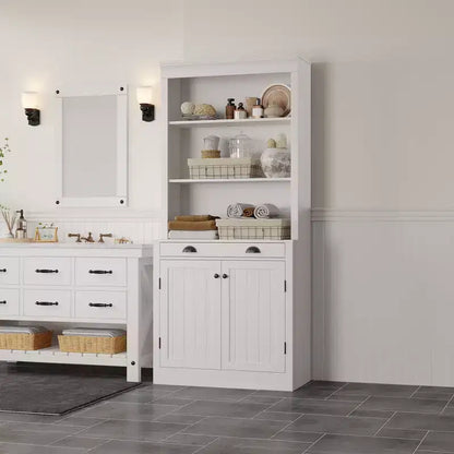 Libreria autoportante alta 178 cm, Scaffale in legno a 5 ripiani con ripiani aperti e armadietto, Mobile moderno per esposizione e conservazione, Credenza dispensa