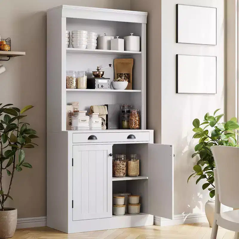 Libreria autoportante alta 178 cm, Scaffale in legno a 5 ripiani con ripiani aperti e armadietto, Mobile moderno per esposizione e conservazione, Credenza dispensa