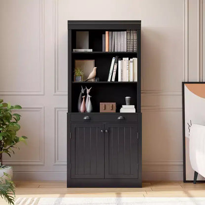70 Tall Freestanding Bookshelf, 5 Tier Wooden Bookcase with Open Shelves & Cabinet, Modern Display Storage Cabinet, Pantry Sideboard