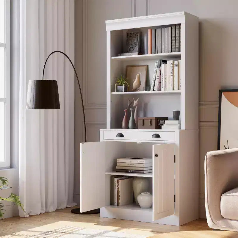Libreria autoportante alta 178 cm, Scaffale in legno a 5 ripiani con ripiani aperti e armadietto, Mobile moderno per esposizione e conservazione, Credenza dispensa