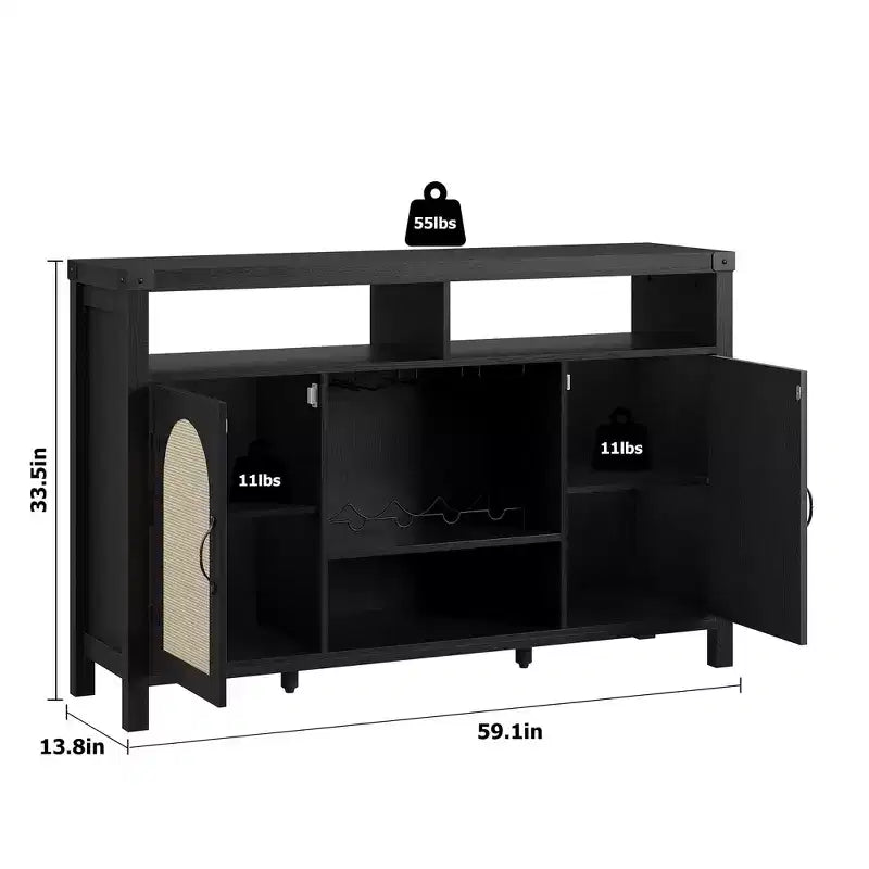Mobile Bar da Cantina TROPOW Farmhouse, Mobile Bar con Cassetto in Rattan e Ripiani Regolabili, Credenza Liquori Bohemien con Porta Bottiglie per Cucina, Nero