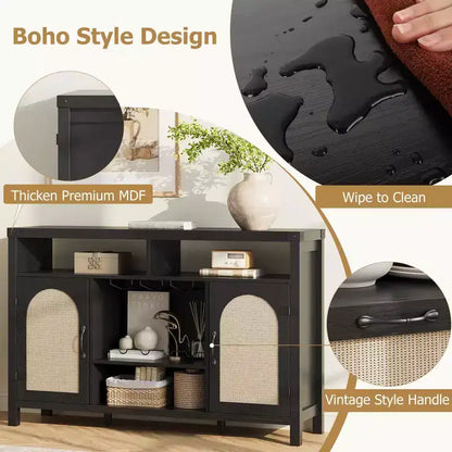 Mobile Bar da Cantina TROPOW Farmhouse, Mobile Bar con Cassetto in Rattan e Ripiani Regolabili, Credenza Liquori Bohemien con Porta Bottiglie per Cucina, Nero