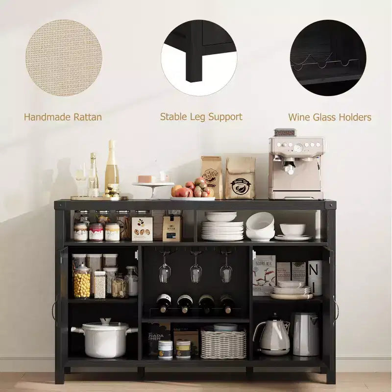 Mobile Bar da Cantina TROPOW Farmhouse, Mobile Bar con Cassetto in Rattan e Ripiani Regolabili, Credenza Liquori Bohemien con Porta Bottiglie per Cucina, Nero