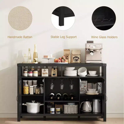 Mobile Bar da Cantina TROPOW Farmhouse, Mobile Bar con Cassetto in Rattan e Ripiani Regolabili, Credenza Liquori Bohemien con Porta Bottiglie per Cucina, Nero