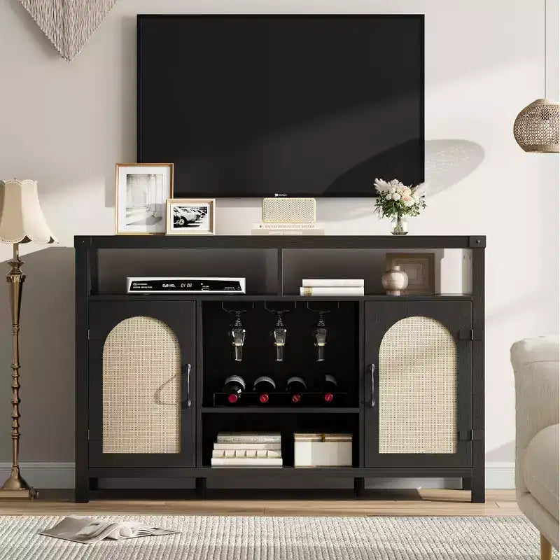 Mobile Bar da Cantina TROPOW Farmhouse, Mobile Bar con Cassetto in Rattan e Ripiani Regolabili, Credenza Liquori Bohemien con Porta Bottiglie per Cucina, Nero