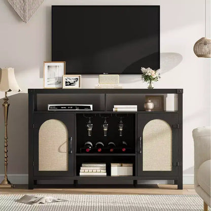 Mobile Bar da Cantina TROPOW Farmhouse, Mobile Bar con Cassetto in Rattan e Ripiani Regolabili, Credenza Liquori Bohemien con Porta Bottiglie per Cucina, Nero