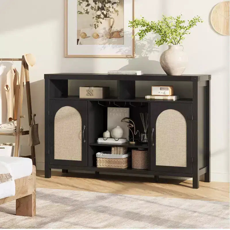 Mobile Bar da Cantina TROPOW Farmhouse, Mobile Bar con Cassetto in Rattan e Ripiani Regolabili, Credenza Liquori Bohemien con Porta Bottiglie per Cucina, Nero