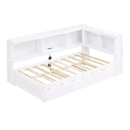 FAMYYT Letto a una piazza con rotelle salvaspazio, armadietti e porte USB, facile da montare, bianco