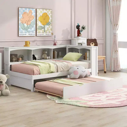 FAMYYT Letto a una piazza con rotelle salvaspazio, armadietti e porte USB, facile da montare, bianco