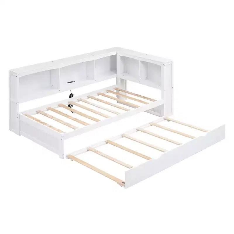 FAMYYT Letto a una piazza con rotelle salvaspazio, armadietti e porte USB, facile da montare, bianco