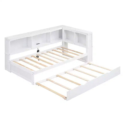 FAMYYT Letto a una piazza con rotelle salvaspazio, armadietti e porte USB, facile da montare, bianco
