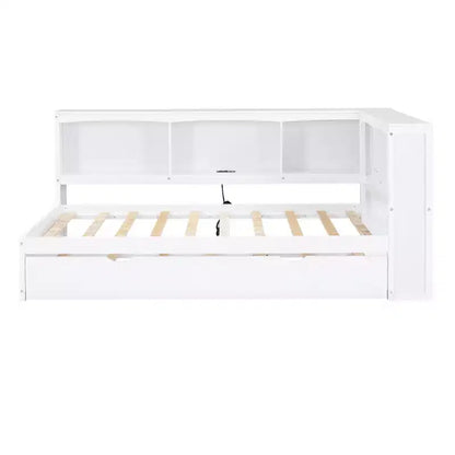 FAMYYT Letto a una piazza con rotelle salvaspazio, armadietti e porte USB, facile da montare, bianco