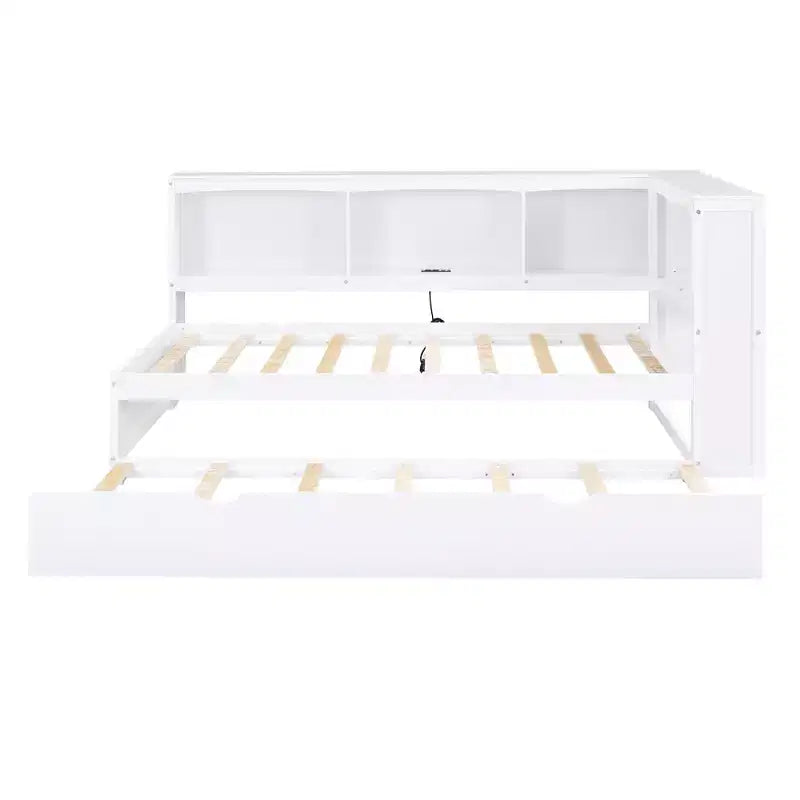 FAMYYT Letto a una piazza con rotelle salvaspazio, armadietti e porte USB, facile da montare, bianco