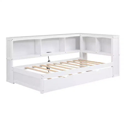 FAMYYT Letto a una piazza con rotelle salvaspazio, armadietti e porte USB, facile da montare, bianco