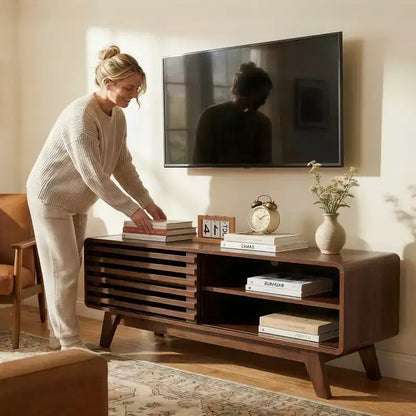 JVNOXK Mobile TV Moderno Mid-Century con Contenitore, Console Media con Anta Scorrevole a Stecche per Soggiorno