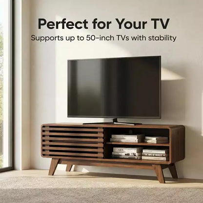JVNOXK Mobile TV Moderno Mid-Century con Contenitore, Console Media con Anta Scorrevole a Stecche per Soggiorno