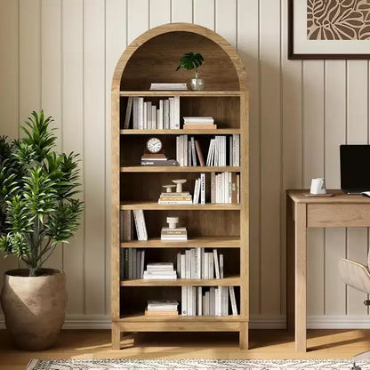 Modern Arched Bookcase  71 Tall Display Rack with 7 Adjustable Shelves  Wooden Freestanding Organizer for Living Room, Bedroom or Hallway