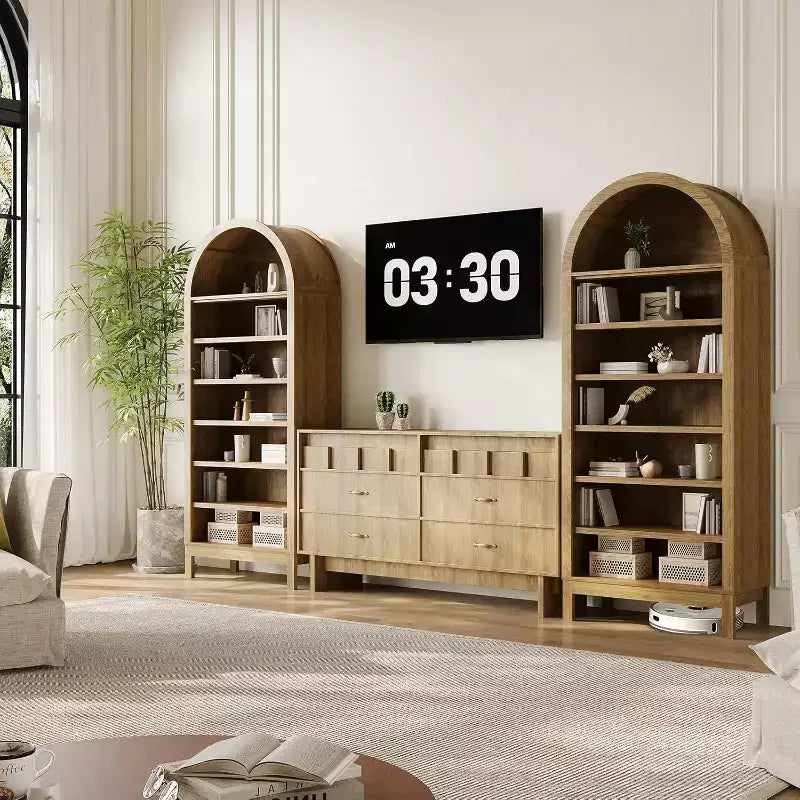 Libreria moderna ad arco, alta 180 cm con 7 ripiani regolabili. Organizzatore autoportante in legno per soggiorno, camera da letto o corridoio.