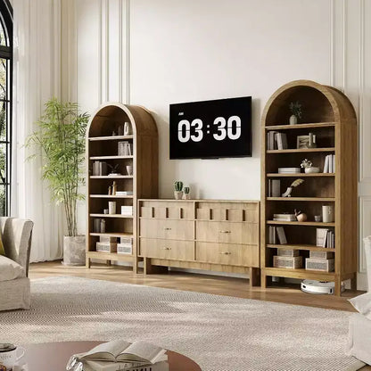 Libreria moderna ad arco, alta 180 cm con 7 ripiani regolabili. Organizzatore autoportante in legno per soggiorno, camera da letto o corridoio.