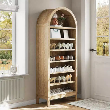 Libreria moderna ad arco, alta 180 cm con 7 ripiani regolabili. Organizzatore autoportante in legno per soggiorno, camera da letto o corridoio.