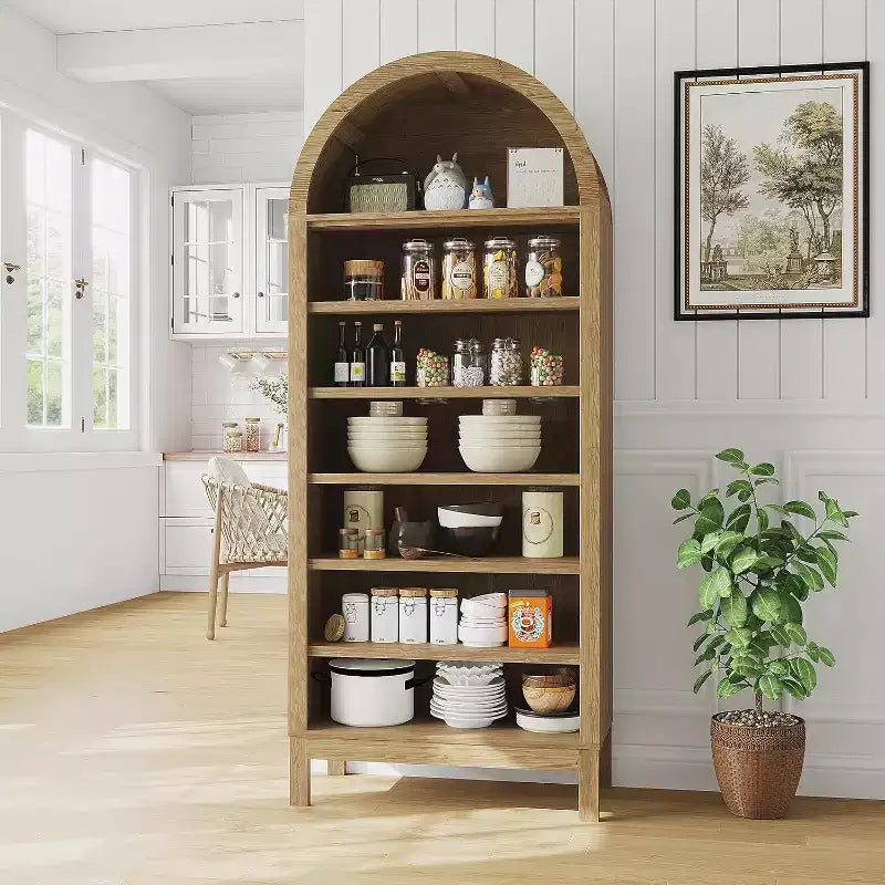 Libreria moderna ad arco, alta 180 cm con 7 ripiani regolabili. Organizzatore autoportante in legno per soggiorno, camera da letto o corridoio.