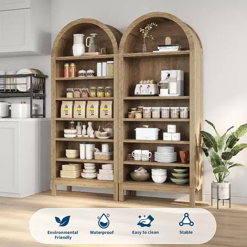 Libreria moderna ad arco, alta 180 cm con 7 ripiani regolabili. Organizzatore autoportante in legno per soggiorno, camera da letto o corridoio.