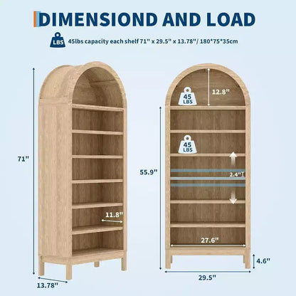 Libreria moderna ad arco, alta 180 cm con 7 ripiani regolabili. Organizzatore autoportante in legno per soggiorno, camera da letto o corridoio.