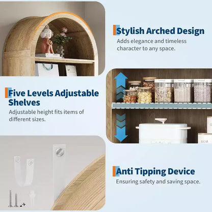 Libreria moderna ad arco, alta 180 cm con 7 ripiani regolabili. Organizzatore autoportante in legno per soggiorno, camera da letto o corridoio.