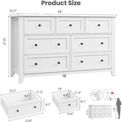 GustoWave Modern 54 Wide Cassettiera Grande a 7 Cassetti per Camera da Letto, Ingresso, Corridoio, Bianca