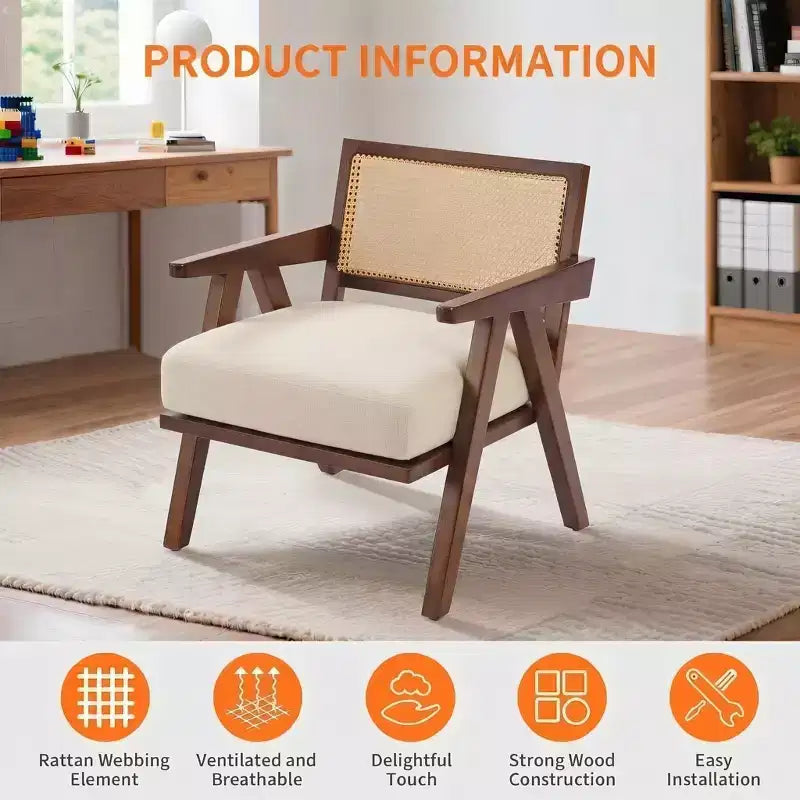 Set di 2 sedie moderne d'accento, sedie imbottite in rattan con braccioli e struttura in legno, decorazione per soggiorno, camera da letto e casa