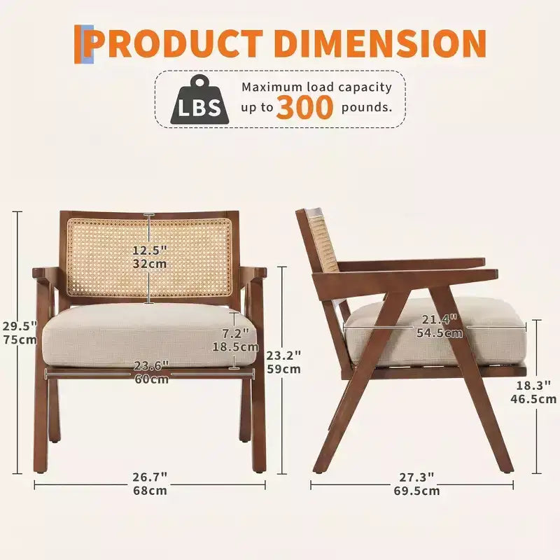 Set di 2 sedie moderne d'accento, sedie imbottite in rattan con braccioli e struttura in legno, decorazione per soggiorno, camera da letto e casa