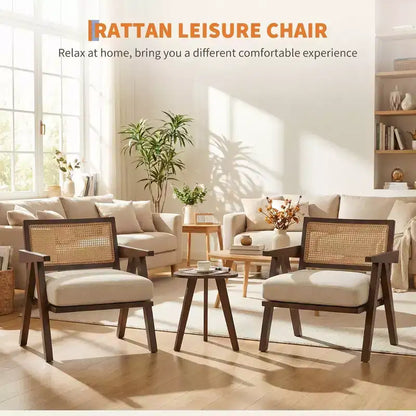 Set di 2 sedie moderne d'accento, sedie imbottite in rattan con braccioli e struttura in legno, decorazione per soggiorno, camera da letto e casa