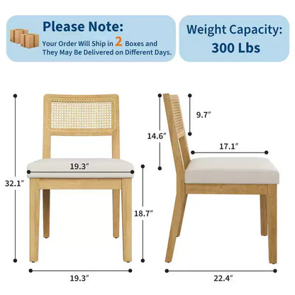 Set di 2 sedie da pranzo country francese, senza braccioli, con struttura in legno e schienale in rattan, seduta imbottita confortevole per cucina, ristorante o casa
