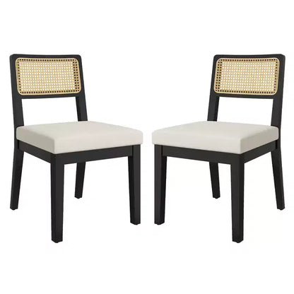 Set di 2 sedie da pranzo country francese, senza braccioli, con struttura in legno e schienale in rattan, seduta imbottita confortevole per cucina, ristorante o casa
