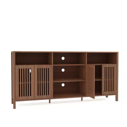 Farmhouse TV Stand for 70 Inch TVs, Rustic Brown Entertainment Center with 5 Open Storage Compartments, Wall Unit Media Console with Open Shelves