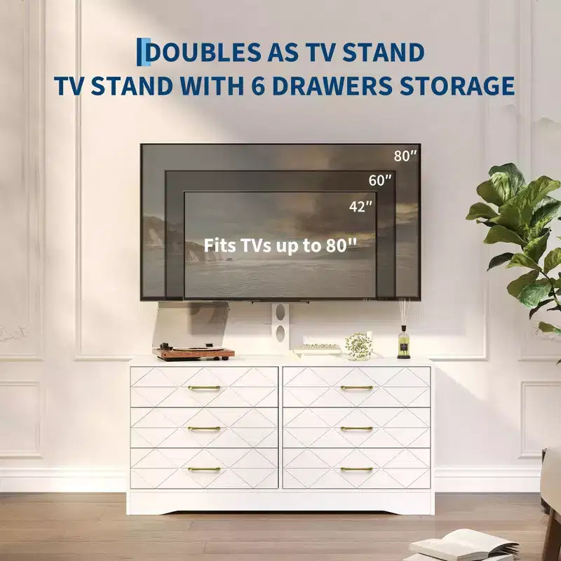 Mobile TV moderno con supporto regolabile per TV da 32-80 pollici, mobile contenitore a 6 cassetti, consolle multimediale, mobili per camera da letto e soggiorno