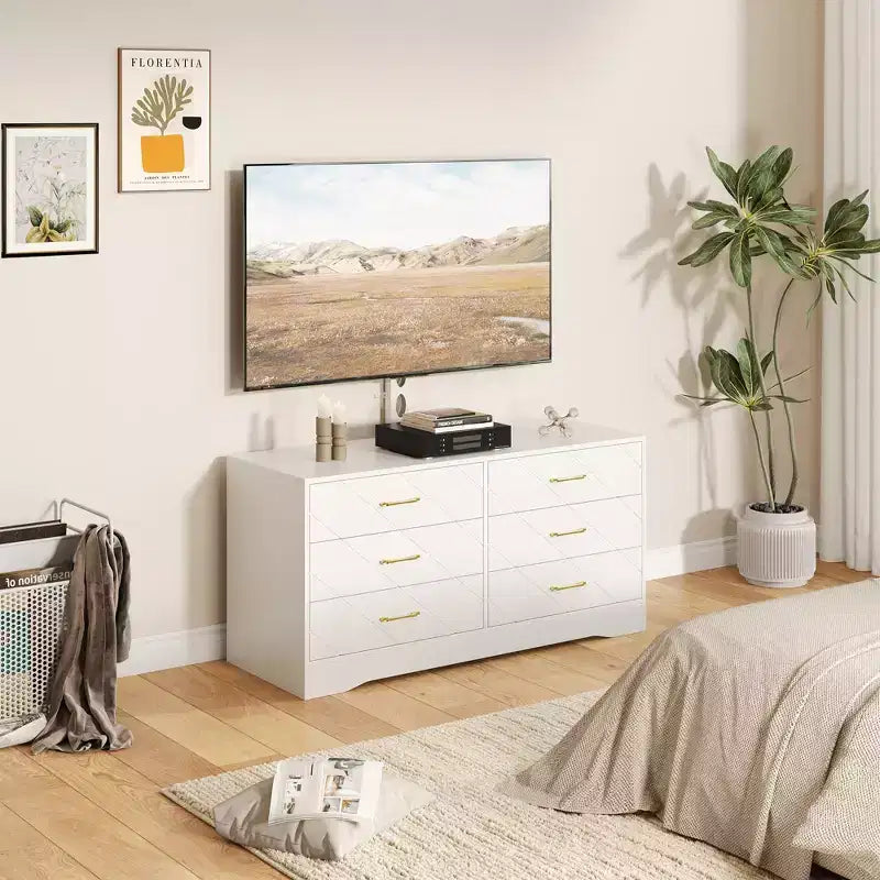 Mobile TV moderno con supporto regolabile per TV da 32-80 pollici, mobile contenitore a 6 cassetti, consolle multimediale, mobili per camera da letto e soggiorno