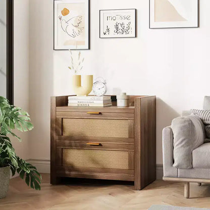 Set di 2 Comodini in Rattan con Stazione di Ricarica, Tavolini da Notte Moderni Boho con 2 Cassetti, Comodini per Camera da Letto, Studio e Soggiorno