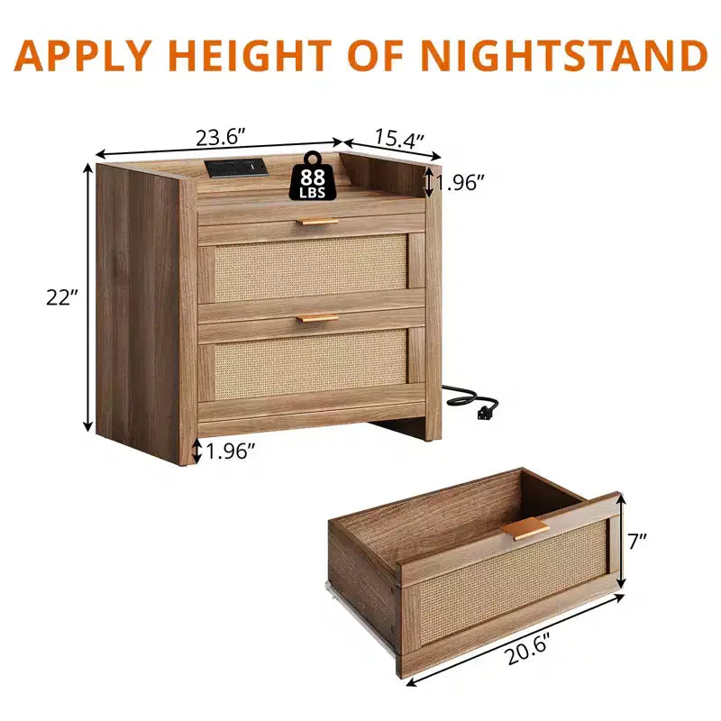 Set di 2 Comodini in Rattan con Stazione di Ricarica, Tavolini da Notte Moderni Boho con 2 Cassetti, Comodini per Camera da Letto, Studio e Soggiorno