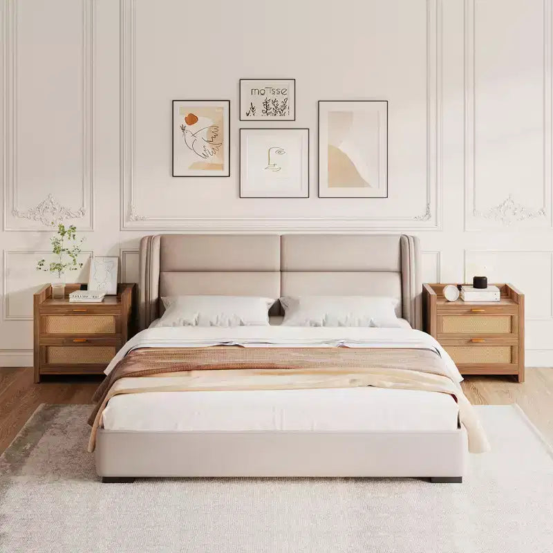 Set di 2 Comodini in Rattan con Stazione di Ricarica, Tavolini da Notte Moderni Boho con 2 Cassetti, Comodini per Camera da Letto, Studio e Soggiorno