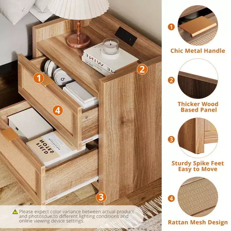 Set di 2 Comodini in Rattan con Stazione di Ricarica, Tavolini da Notte Moderni Boho con 2 Cassetti, Comodini per Camera da Letto, Studio e Soggiorno