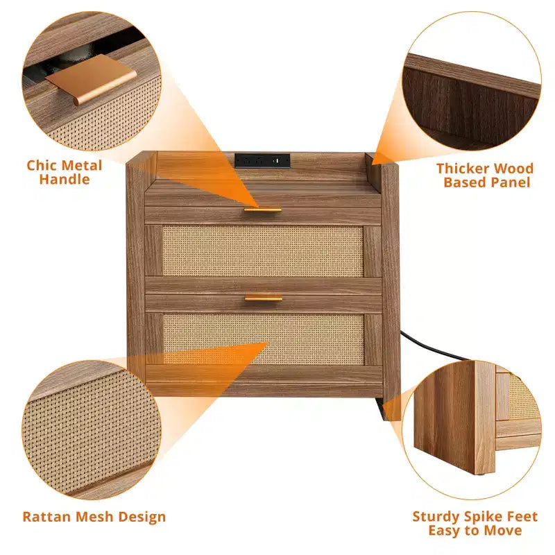 Set di 2 Comodini in Rattan con Stazione di Ricarica, Tavolini da Notte Moderni Boho con 2 Cassetti, Comodini per Camera da Letto, Studio e Soggiorno