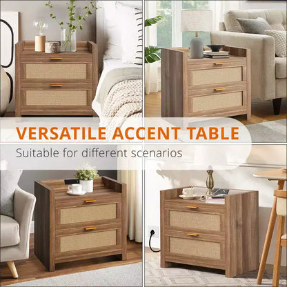 Set di 2 Comodini in Rattan con Stazione di Ricarica, Tavolini da Notte Moderni Boho con 2 Cassetti, Comodini per Camera da Letto, Studio e Soggiorno