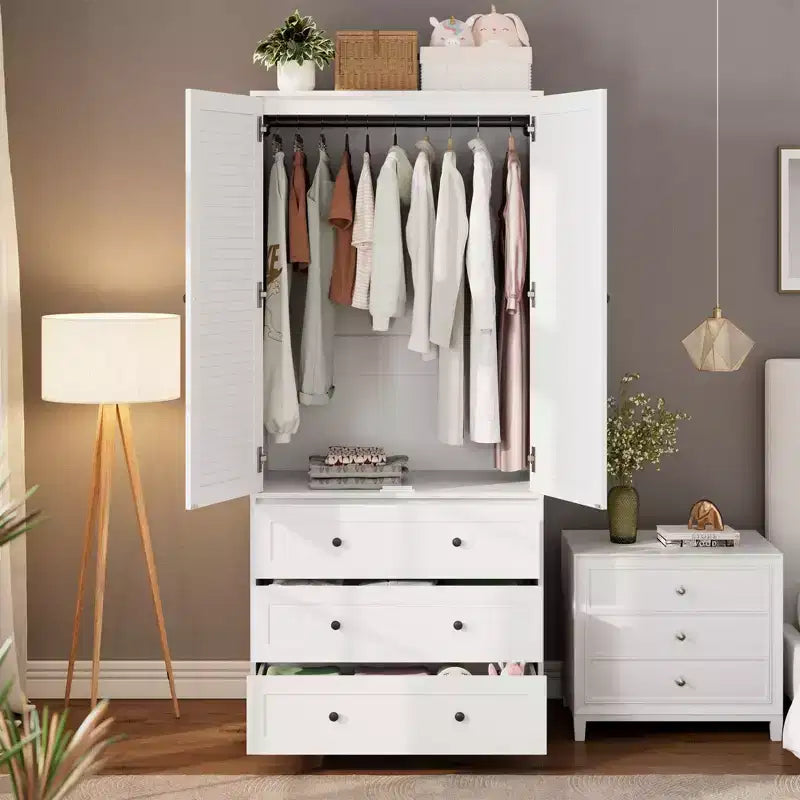 Armadio a 2 ante e 3 cassetti in legno da 70 pollici, autoportante con asta appendiabiti e ripiano per la camera da letto