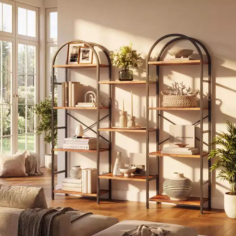 Libreria a triplo arco, scaffale aperto indipendente a 4 livelli con struttura in metallo, scaffale espositivo industriale per soggiorno, ufficio domestico