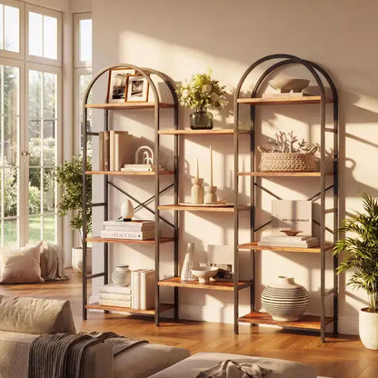 Libreria a triplo arco, scaffale aperto indipendente a 4 livelli con struttura in metallo, scaffale espositivo industriale per soggiorno, ufficio domestico