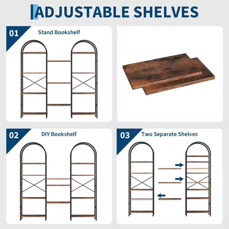 Libreria a triplo arco, scaffale aperto indipendente a 4 livelli con struttura in metallo, scaffale espositivo industriale per soggiorno, ufficio domestico