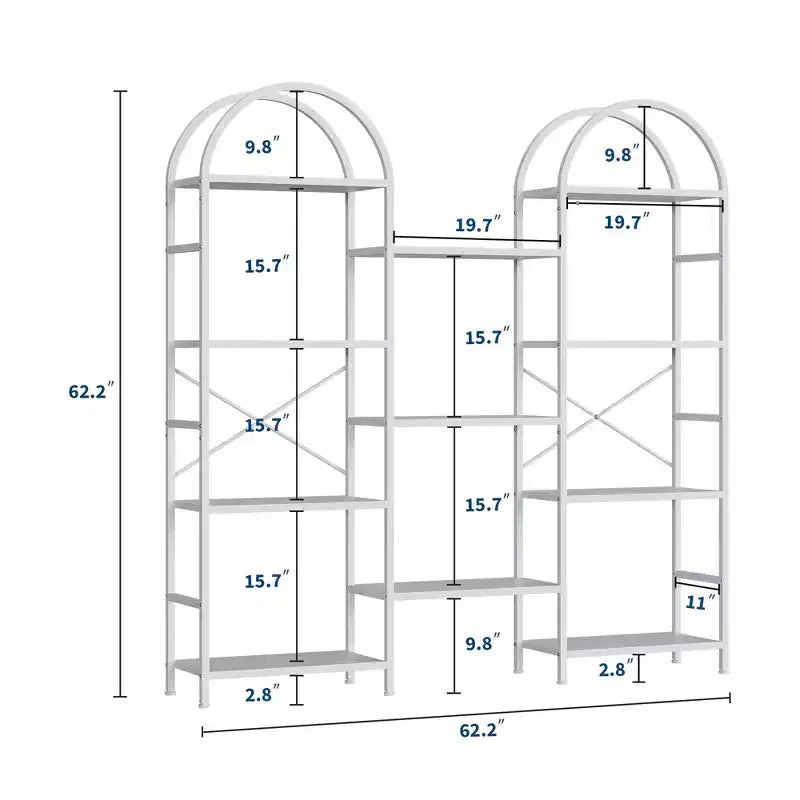 Libreria a triplo arco, scaffale aperto indipendente a 4 livelli con struttura in metallo, scaffale espositivo industriale per soggiorno, ufficio domestico