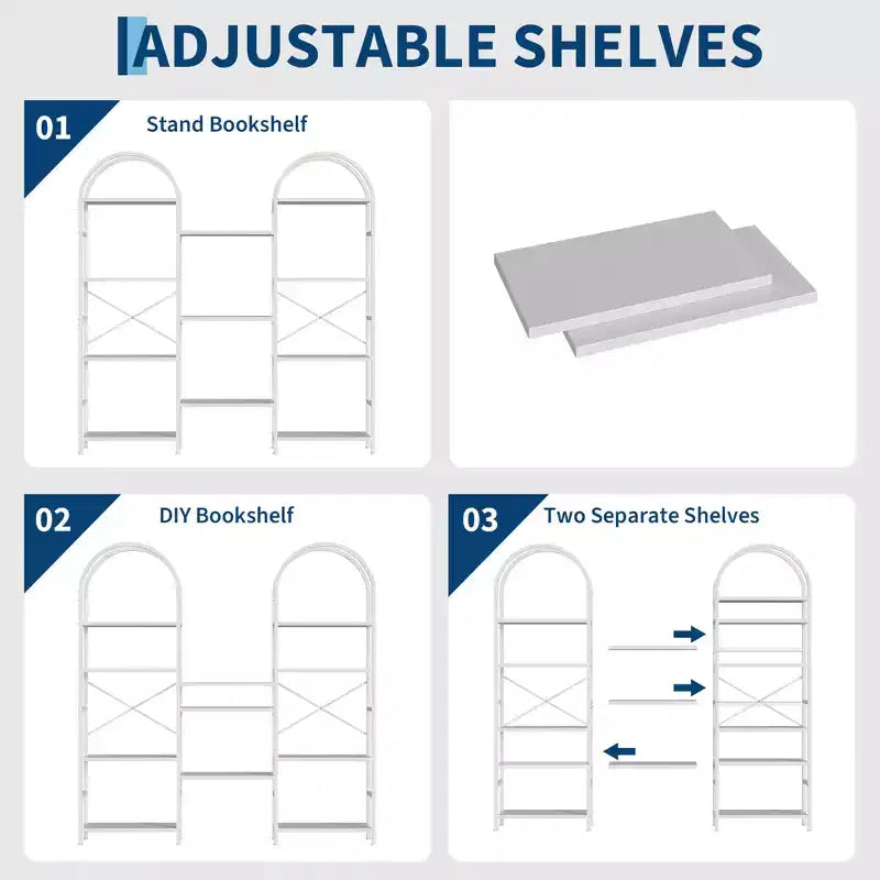 Libreria a triplo arco, scaffale aperto indipendente a 4 livelli con struttura in metallo, scaffale espositivo industriale per soggiorno, ufficio domestico
