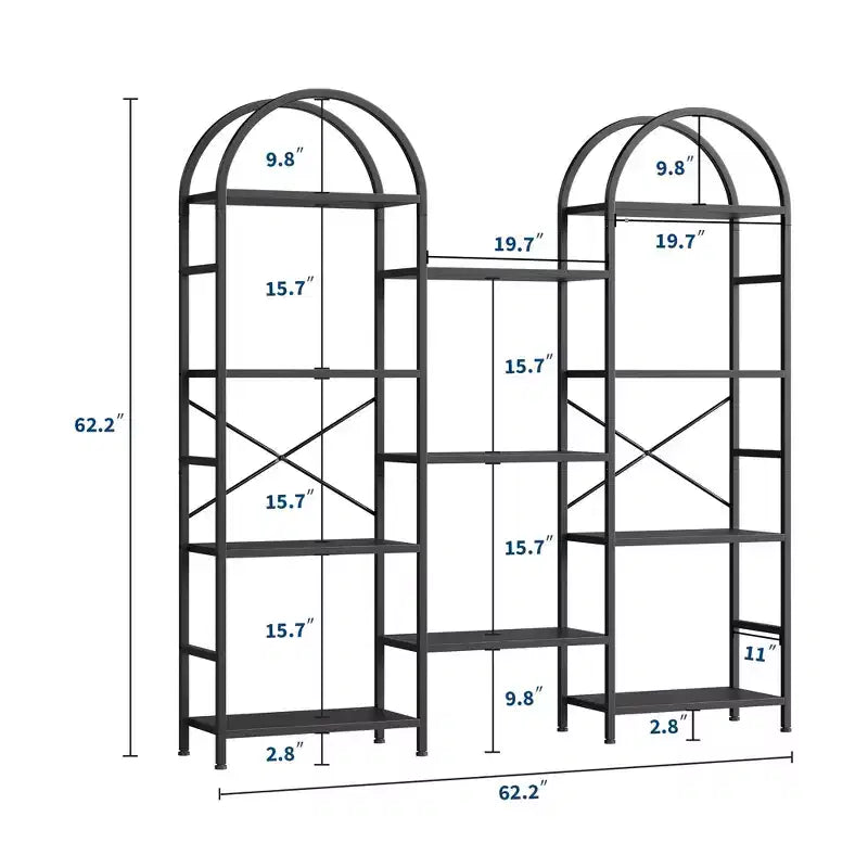 Libreria a triplo arco, scaffale aperto indipendente a 4 livelli con struttura in metallo, scaffale espositivo industriale per soggiorno, ufficio domestico